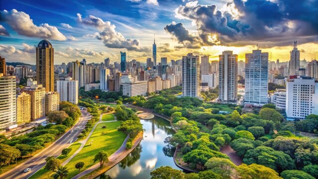 Panoramic view of a modern metropolis with lush green parks and towering skyscrapers
