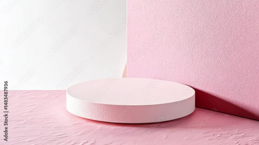Poster a single white spherical object sits on a bright pink surface