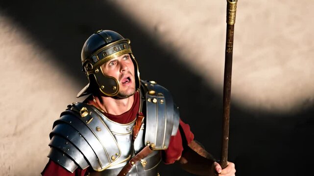 Roman soldier gazes upwards with spear