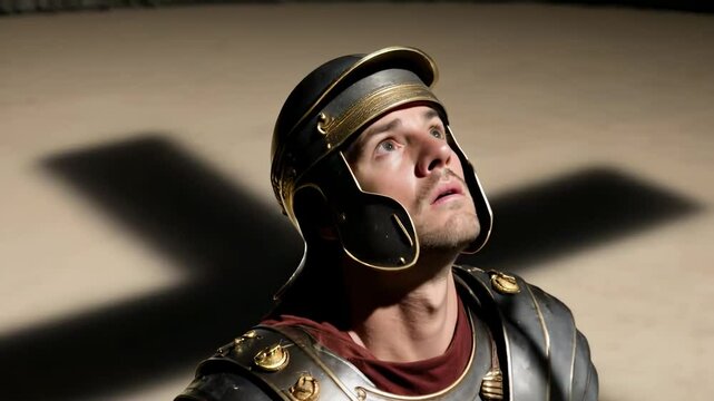 Roman soldier stares at shadowcross on sand