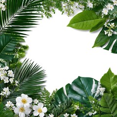 Fototapeta premium A border arrangement of various tropical green leaves and a few white flowers, isolated against a clean white background