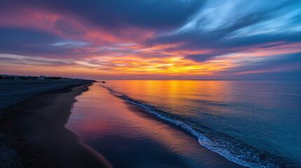 The vibrant sunset paints the sky with orange and purple hues, reflecting beautifully on the calm water and sandy shoreline of the tranquil beach landscape.