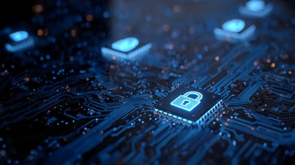 Digital security concept with glowing padlock symbol on a circuit board