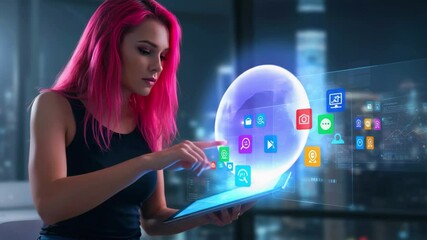 Young woman with pink hair interacting with a futuristic tablet displaying digital icons in a cityscape - Powered by Adobe