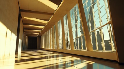 Obraz premium Empty sunlit modern hallway with large windows.
