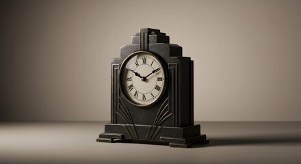 A studio shot of an art deco style mantle clock with roman numerals and dark metal
