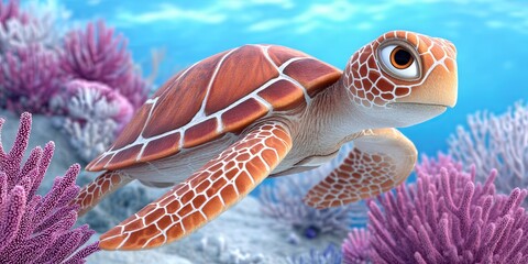 3D animation playful sea turtle in coral 