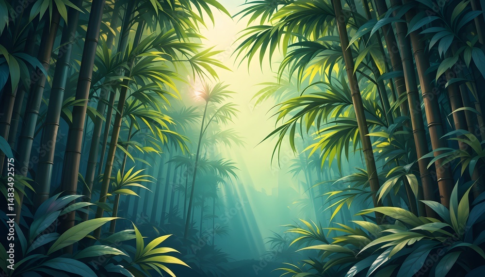 Aufkleber lush tropical bamboo illustration, bright light effects create a vibrant scene. overlapping green fo
