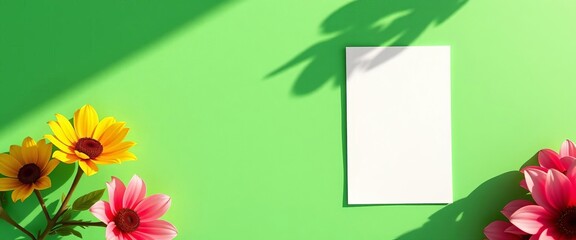 Blank paper card mockup with sunlight shadow on green background, top view,  presentation,  mockup