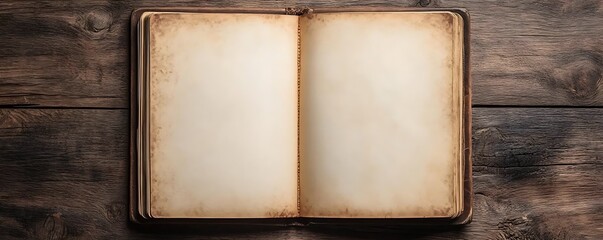 Open antique book on wood