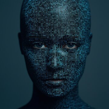 A human face covered with glowing binary code, symbolizing the fusion of technology and humanity.