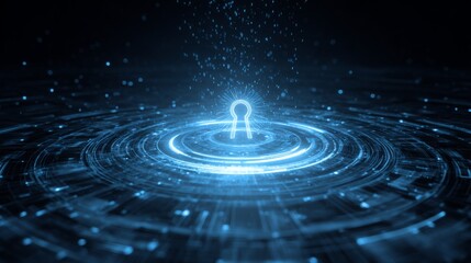 Obraz premium Glowing digital padlock symbol surrounded by concentric circles and particles
