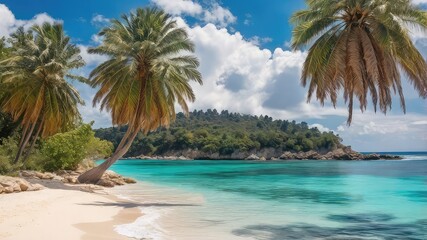 Scenic tropical beach with palm trees turquoise water and white sandy coastline under a sunny sky