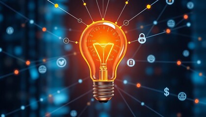 Lightbulb graphic with network connections, global data flow, business icons symbolizing digital marketing innovation,  marketing automation,  success