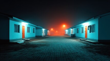 Foggy night street scene with neon light