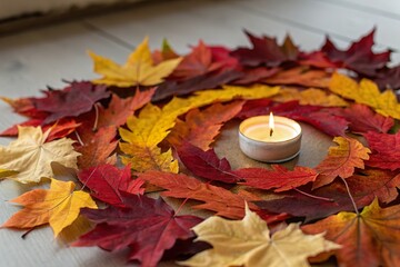 tealight candle with autumn leaves circle. Wiccan mabon ritual