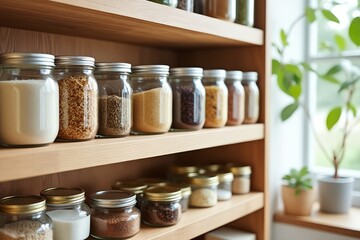 Jars of spices and ingredients on wooden shelves in a bright kitchen  