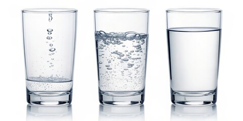 Three Glasses of Water Carbonation Stages, Still, Bubbly, Glassware, Bubbles, Liquid Water, Photography