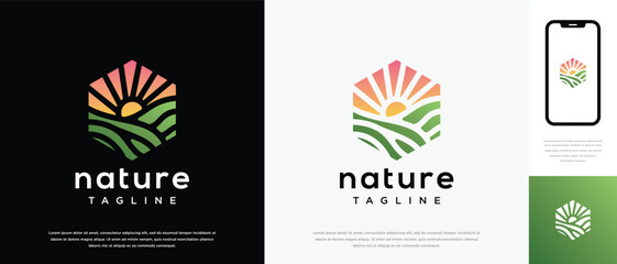 farmland landscape logo design. Hexagon farmland landscape logo template. Farm logo symbol icon © Artmas