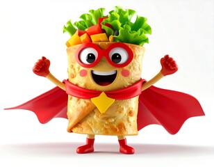 Animated Superhero Food Character with Red Cape and Mask on White Background