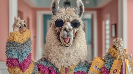 Llama in colorful sweater and sunglasses