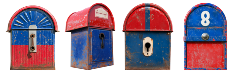 Vintage Colorful Mailboxes with Unique Designs and Weathered Patina