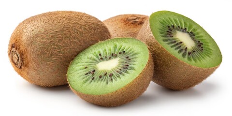 Fototapeta premium Three Kiwis, Close-up Composition, Halved Fruit, Vibrant Green, Brown Fuzzy Skin, Delicious Healthy Snack. Kiwi, Fruit