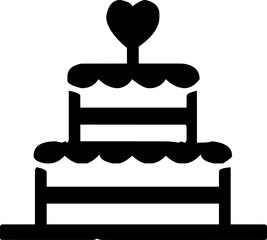 Black Silhouette of Three-Tiered Wedding Cake with Heart Topper. 