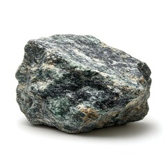 A medium-sized rock with a combination of green and gray coloration is isolated against a stark white background