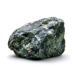A medium-sized rock with a combination of green and gray coloration is isolated against a stark white background