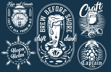 Vintage monochrome nautical brewing emblems set with beer pint, crab, captain hat, hop cone, helm and seashells, beer vector graphic for sea bar or ocean pub, brewery branding