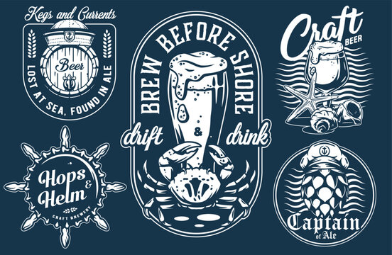 Vintage monochrome nautical brewing emblems set with beer pint, crab, captain hat, hop cone, helm and seashells, beer vector graphic for sea bar or ocean pub, brewery branding - Powered by Adobe