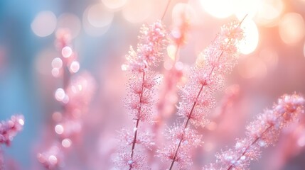 Naklejka premium Delicate pink plants in soft focus, bathed in warm light.