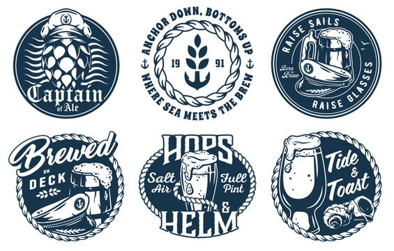 Vintage monochrome nautical beer brewing emblems with captain's hat, frothy mug, hop flowers, and decorative rope border, beer vector graphic for sea bar or ocean pub, brewery branding