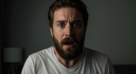 Fototapeta premium Surprised man with beard in low light, expressing shock in a dimly lit room