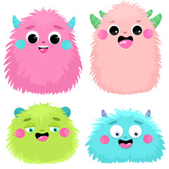 Cute fluffy monsters, children's print, happy characters
