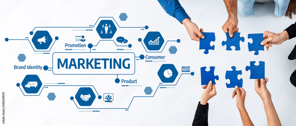 Poster engaging image illustrating hands assembling puzzle pieces to symbolize collaboration in marketing s