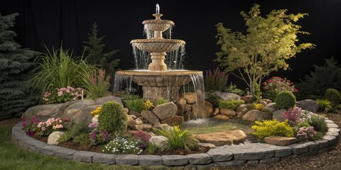 Two-Tiered Stone Fountain in Landscaped Garden, Garden Decor, Water Feature Garden Fountain, Landscape Design