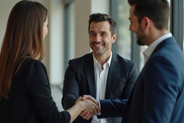 Fototapeta premium Fashionable lawyer in power suit observes confident businessman shaking hands in office for legal consultation and negotiation.