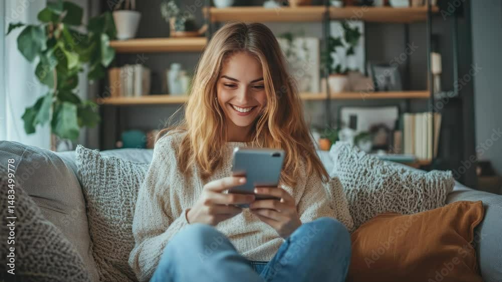 Poster A person relaxing on a couch while checking their mobile device
