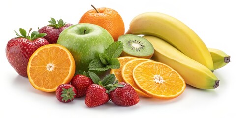 Naklejka premium Vibrant Fruit Composition Apples, Bananas, Strawberries, Oranges and Kiwi, High-Resolution Image, Healthy Eating Concept Keywords Fruit, Photography