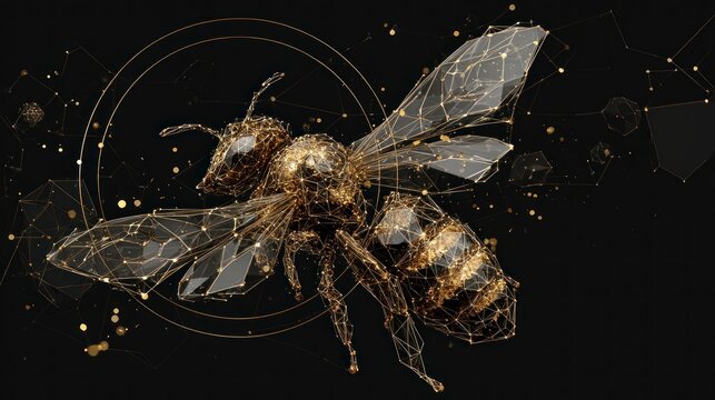 Futuristic bee, abstract, geometric, 3D, golden