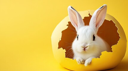 White Bunny in Eggshell on Yellow Background
