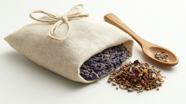 A blend of aromatic herbs like chamomile, lavender, calendula, and rose is collected in a cotton bag with a wooden spatula for use in teas, baths, or cosmetics