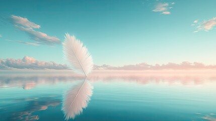 White Feather on Calm Water Surface with Sky and Clouds