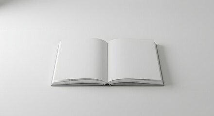 An open book with blank pages resting on a white surface in a minimalist setting