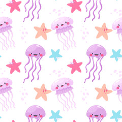 Seamless pattern with jellyfish, underwater world.