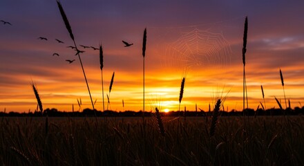 Silhouetted wheat field at sunset with spiderweb and birds