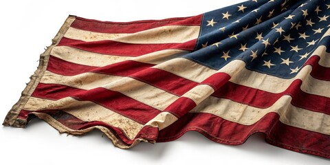 Fototapeta premium Worn American Flag Draped Composition Patina, Red, White, Blue, Stars, Stripes, Vintage