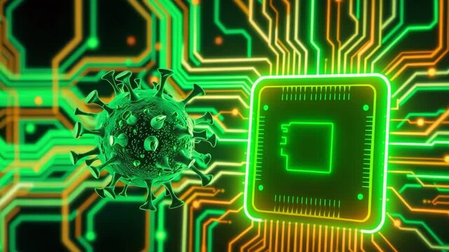 A digital representation of a virus interacting with a computer chip on a vibrant circuit board background - Powered by Adobe